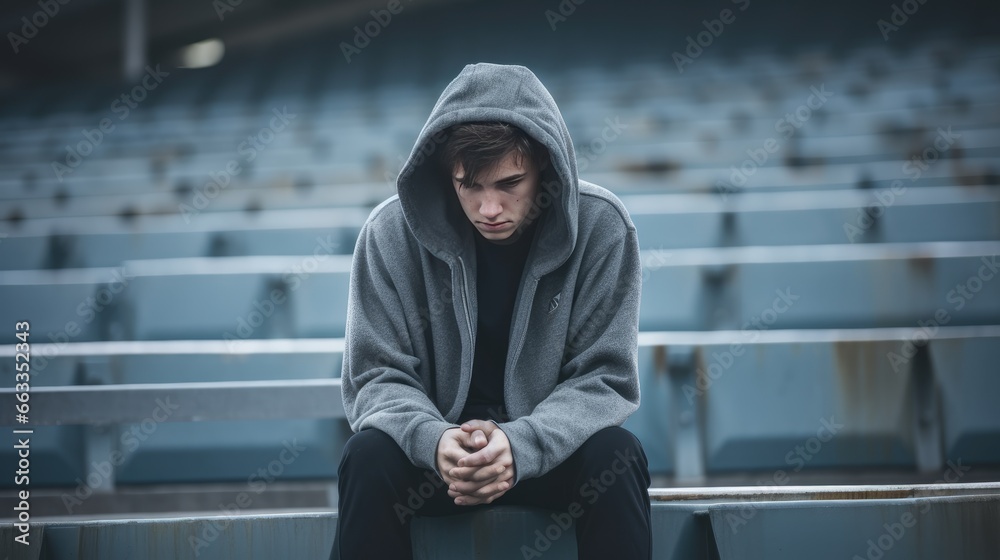 Male high school student sitting alone on stadium seats, concept of the feeling of isolation and loneliness due to mental illness - obrazy, fototapety, plakaty 