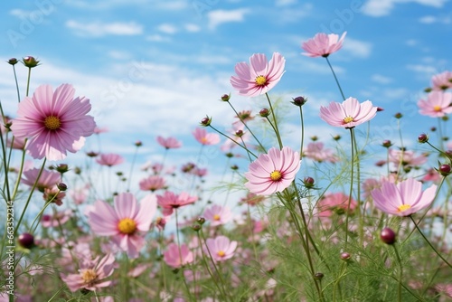 Beautiful cosmos flowers blooming in a garden under a clear sky. Generative AI © Kellen