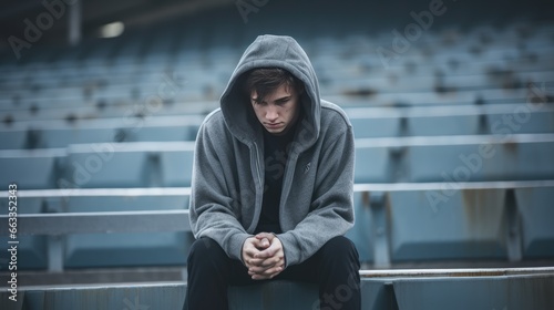 Male high school student sitting alone on stadium seats, concept of the feeling of isolation and loneliness due to mental illness photo