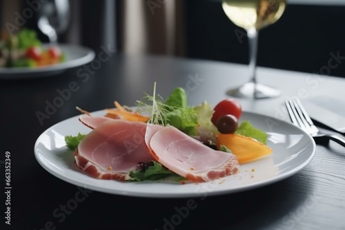 Salad plate with ham on stone in restaurant. Generative AI