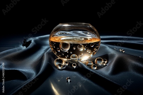 A glass object on a tablecloth with water droplets and bubbles, against a dark background. Generative AI © Bowen