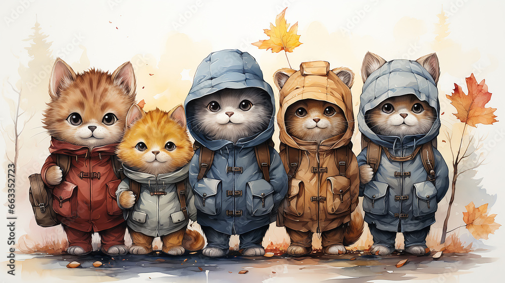 Obraz premium a row of cats in clothes and with backpacks on a white background back to school cartoon drawing picture