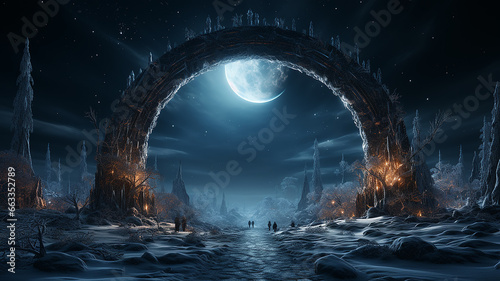 round ice frosty arch festive night evening, frame outside, presentation winter greeting card