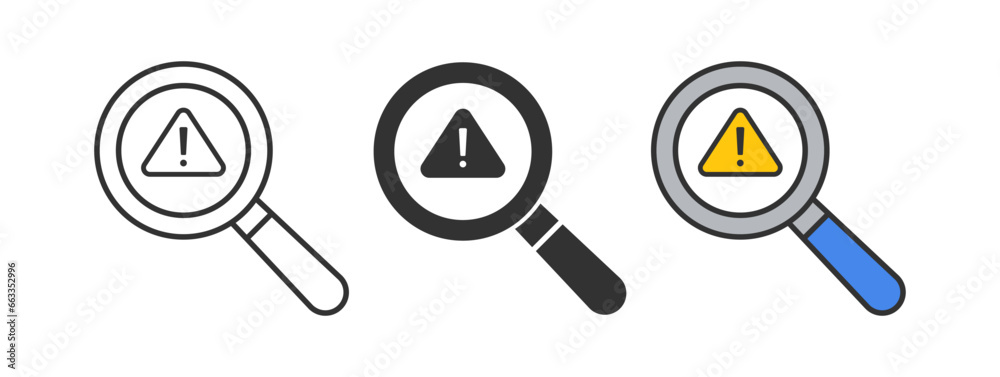 Problem detection icon. Search symbol. Loop signs. Caution symbols. Exclamation alert icons. Black, blue, yellow color. Vector sign. Problem detection icon. Search symbol. Loop signs. Caution symbols. Exclamation alert icons. Black, blue, yellow color. Vector sign.