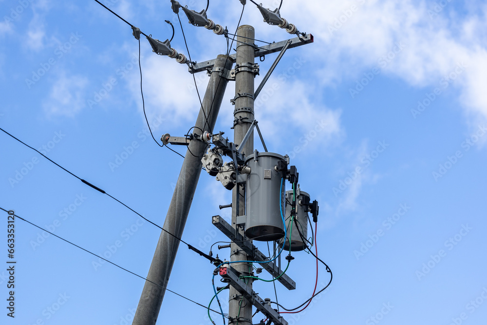 A lot of electric wires on a pole, electricity transmission in Japan A lot of electric wires on a pole, electricity transmission in Japan
