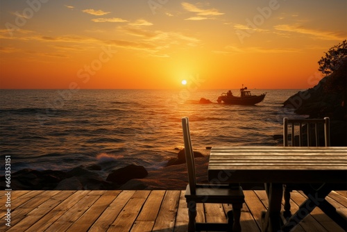Coastal elegance An empty table graced by a stunning sea sunset