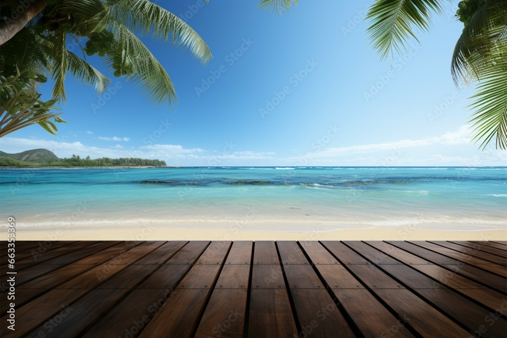 Coconut tree lined beach ideal backdrop for product display on table