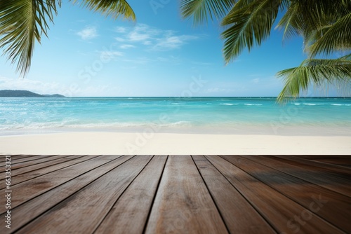 Coconut tree lined beach ideal backdrop for product display on table © Jawed Gfx