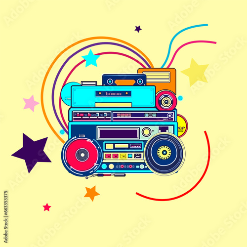 90s visual aesthetics set consisting of a tape recorder, tuner, acoustic speakers, speakers on a yellow background with multi-colored stars and stripes