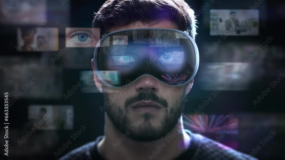 Young Latin American Male Checking Social Media Posts and Videos on His Hi Tech Virtual Augmented Reality Glasses. Holographic Screens Appearing in VR Headset. Metaverse.
Young Latin American Male Checking Social Media Posts and Videos on His Hi Tech Virtual Augmented Reality Glasses. Holographic Screens Appearing in VR Headset. Metaverse.