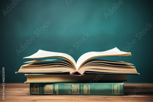 Closeup of an open book against a green chalkboard background