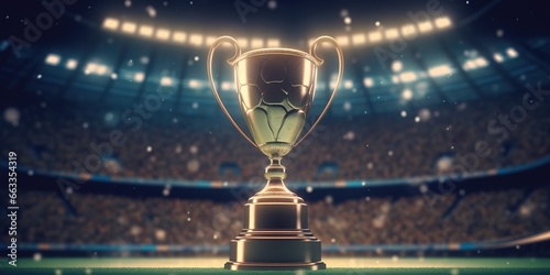 The golden cup was photographed in a large football stadium with light effects behind it. generative Ai