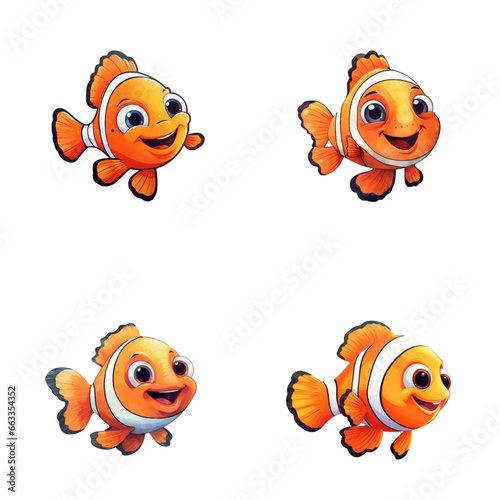 set of happy cute clownfish watercolor illustrations for printing on baby clothes, pattern, sticker, postcards, print, fabric, and books