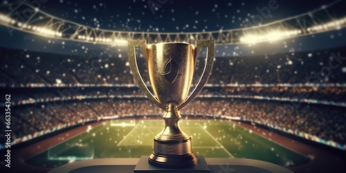 The golden cup was photographed in a large football stadium with light effects behind it. generative Ai