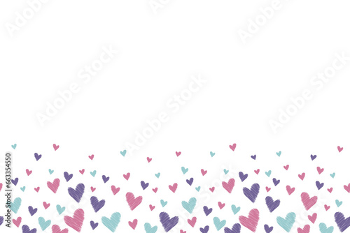 Heart Confetti Valentine Doodle love on white background border embroidery design. Cute heart pastel colour. Vector illustration.copy space 