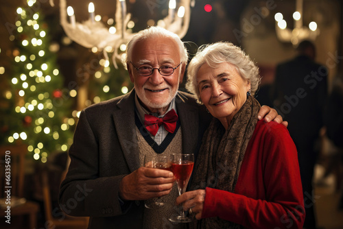 Portrait of a loving smiling elderly couple at a Christmas party