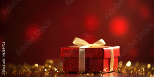 Red gift box with golden ribbon bow. Elegant red present box with gold bow on a red background, copy space. Background for greeting card for Christmas, XMas, Birthday, New Year, Anniversary © maxa0109