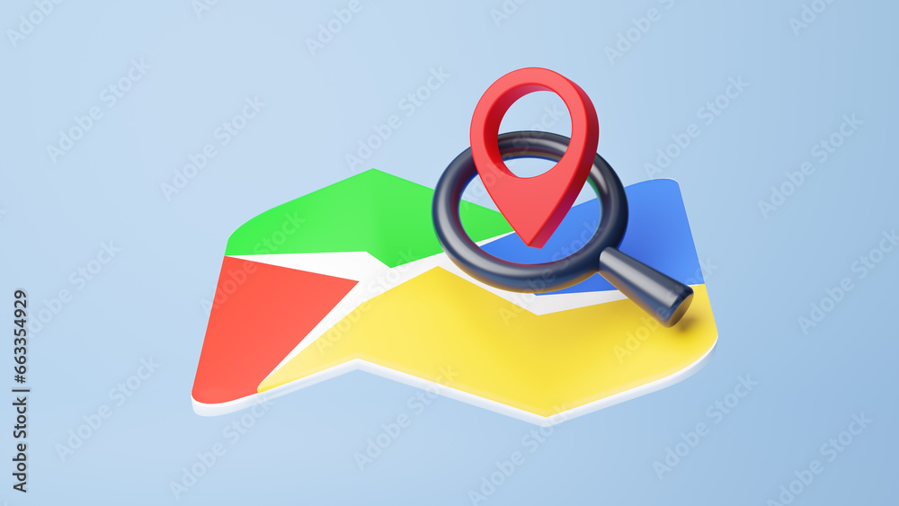 Pin marker location icon on map with magnifying glass, location searching. address exploration. location finding. GPS, navigator checking points, 3D World Map icon. 3d rendering illustration Pin marker location icon on map with magnifying glass, location searching. address exploration. location finding. GPS, navigator checking points, 3D World Map icon. 3d rendering illustration