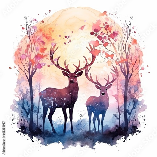 Colorful Deers in Forest. T-shirt design. © MDMOHAMMODULAH