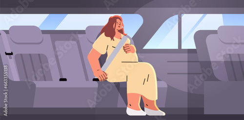 happy pregnant woman passenger future mom wear safety seat belt in car pregnancy motherhood expectation concept