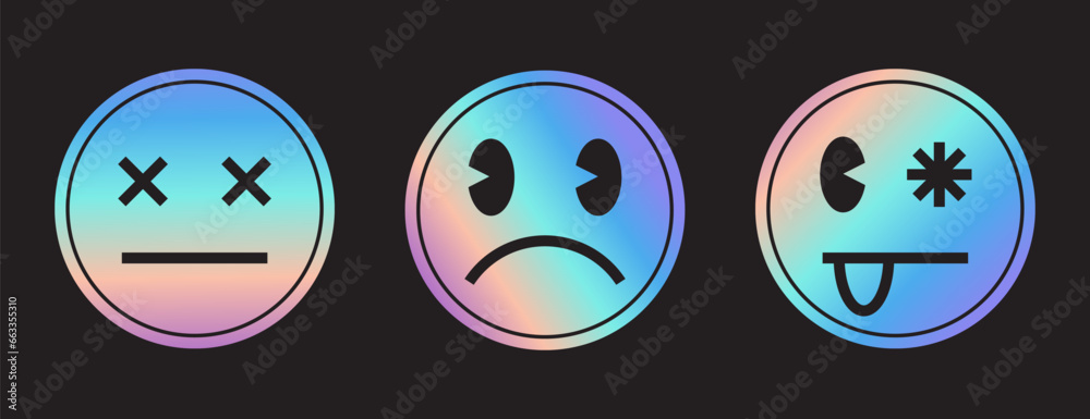 Set of round emoji with diferent face expressions. Emoticons with tongue, sad and dead faces. Holographic neon design. Acid rave, grunge style. Vector illustration - obrazy, fototapety, plakaty 