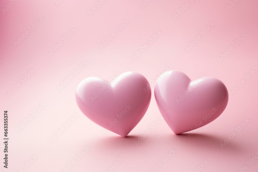 Happy Valentine's Day and love decoration concept with two hearts on pastel pink background. Generative AI
