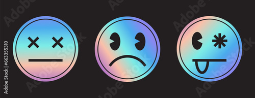 Set of round emoji with diferent face expressions. Emoticons with tongue, sad and dead faces. Holographic neon design. Acid rave, grunge style. Vector illustration