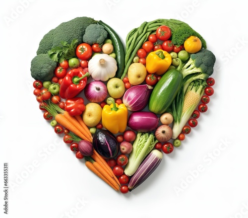 various kinds of fresh vegetables arranged in the shape of a heart. generative AI