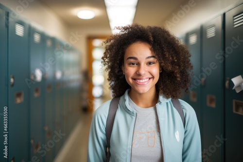 Smiling Portrait of a young female student in a school hallway