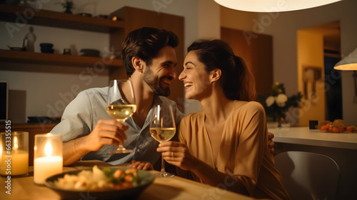 Happy young couple having dinner at home, romantic marriage man and woman celebrating wedding anniversary in kitchen at home