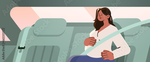 happy pregnant woman passenger future mom wear safety seat belt in car pregnancy motherhood expectation concept horizontal