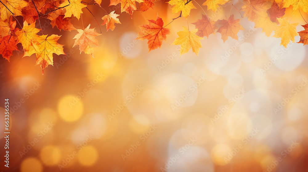 maple leaves on abstract blurred background with bokeh copy space, light bright autumn background for text