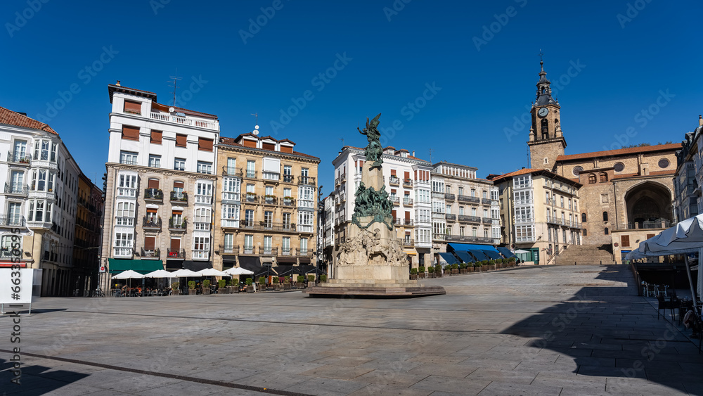 Large Plaza de la Virgen Blanca in the center of the historic square of the city of Vitoria, Spain.