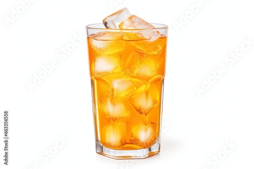 A glass of orange soda water with ice cubes on white background.