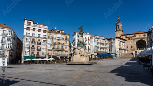 Large Plaza de la Virgen Blanca in the center of the historic square of the city of Vitoria, Spain.