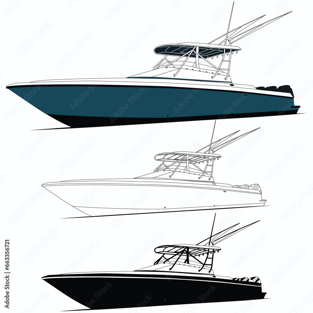 Fishing boat vector graphic, line art, and one-color