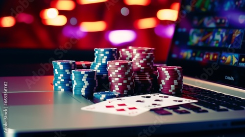 Someone playing online casino on their computer in a casino atmosphere with cards and chips on a green blue carpet 