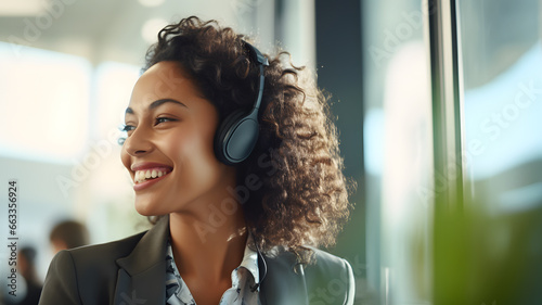 Portrait of a smiling business woman, working in a customer service, support, talking on headphones photo