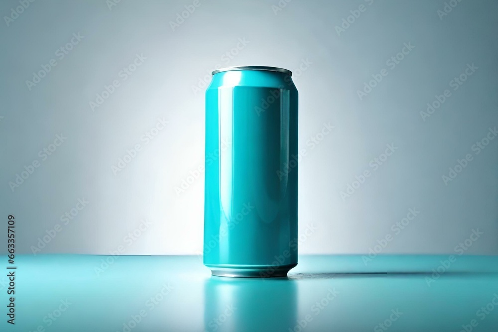 Isolated Cyan Soda Can Mockup on Blank Soft Background Generative AI, Concept For Design Isolated Cyan Soda Can Mockup on Blank Soft Background Generative AI, Concept For Design