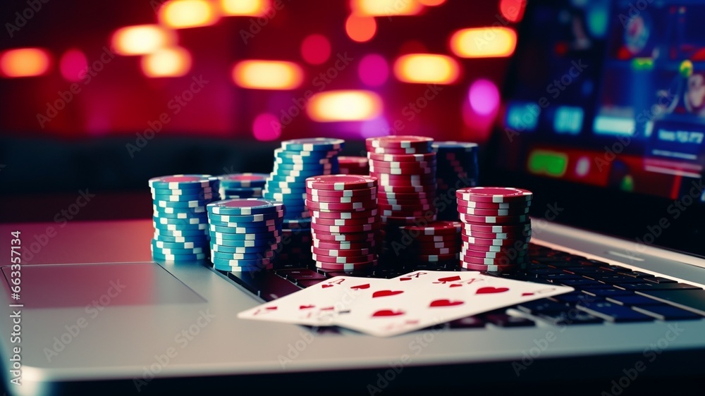 Someone playing online casino on their computer in a casino atmosphere with cards and chips on a green blue carpet 