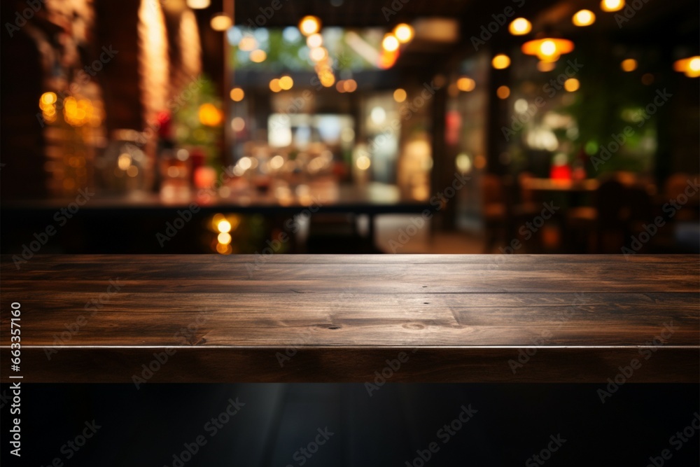 Dark wooden table before a blurred restaurant backdrop, perfect for product display