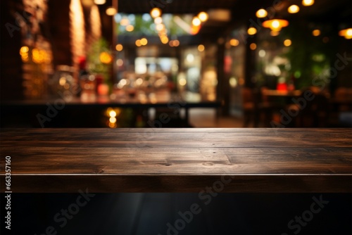 Dark wooden table before a blurred restaurant backdrop, perfect for product display