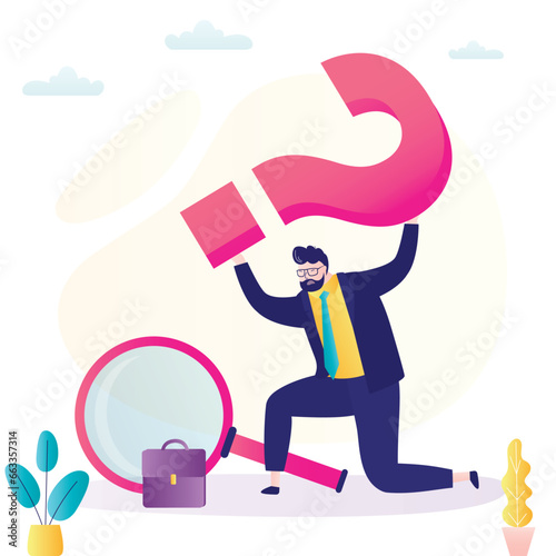 Burnout, emotional pressure and workload. Worker man or businessman tries to lift big question mark. Search and find answers. Overcoming business obstacles. Workload is too heavy.
