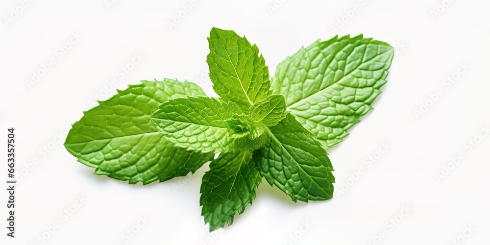Fresh green mint leaves in photo on white background. generative AI Fresh green mint leaves in photo on white background. generative AI