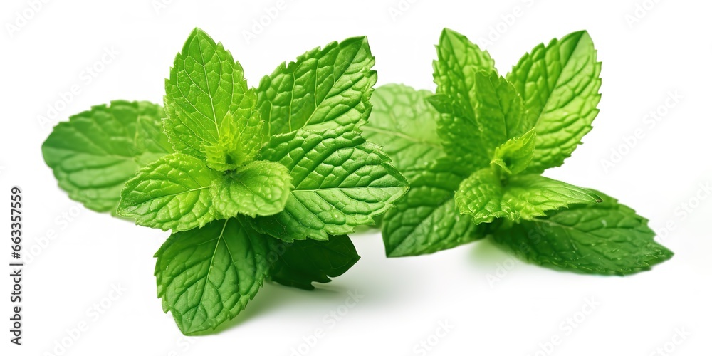 Fresh green mint leaves in photo on white background. generative AI Fresh green mint leaves in photo on white background. generative AI