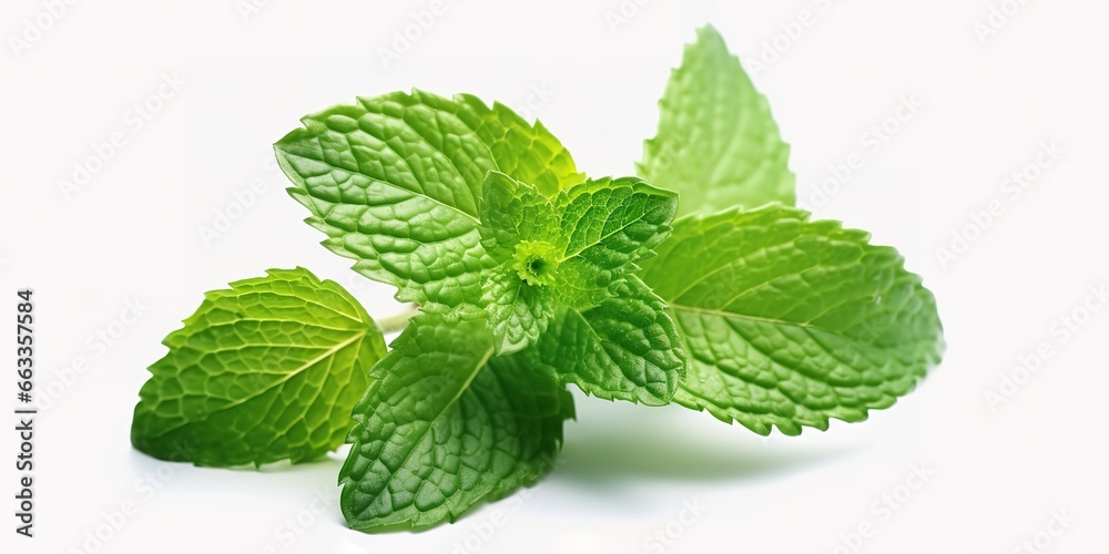 Fresh green mint leaves in photo on white background. generative AI Fresh green mint leaves in photo on white background. generative AI