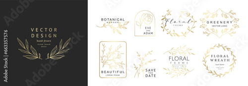 Luxury logo templates with hand drawn golden branches, flowers and leaves. Elegant delicate vector floral frame for label, corporate identity, wedding invitation, save the date
