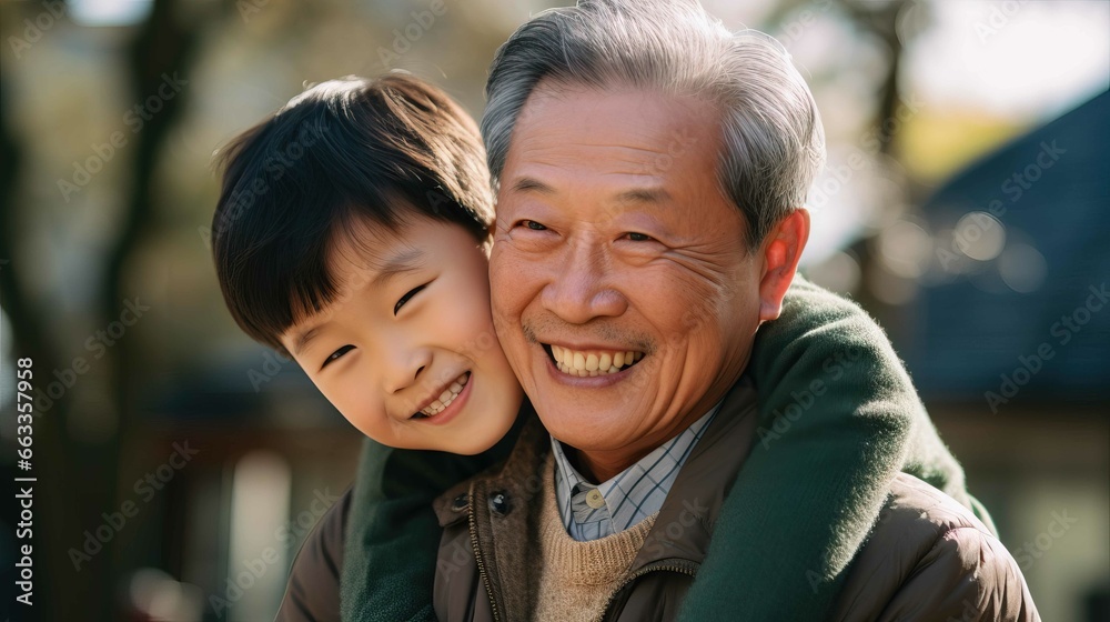 Asian grandson hugging her grandfather outdoors. Generative AI. Asian grandson hugging her grandfather outdoors. Generative AI.