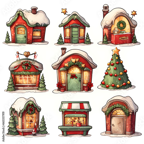 collection of christmas house set  decorate for christmas season with red and green color  christmas watercolors  watercolor illustration