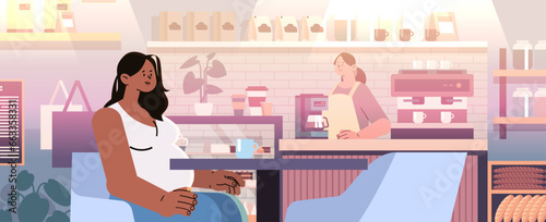 happy pregnant woman future mom drinking coffe in cafe pregnancy motherhood expectation concept horizontal